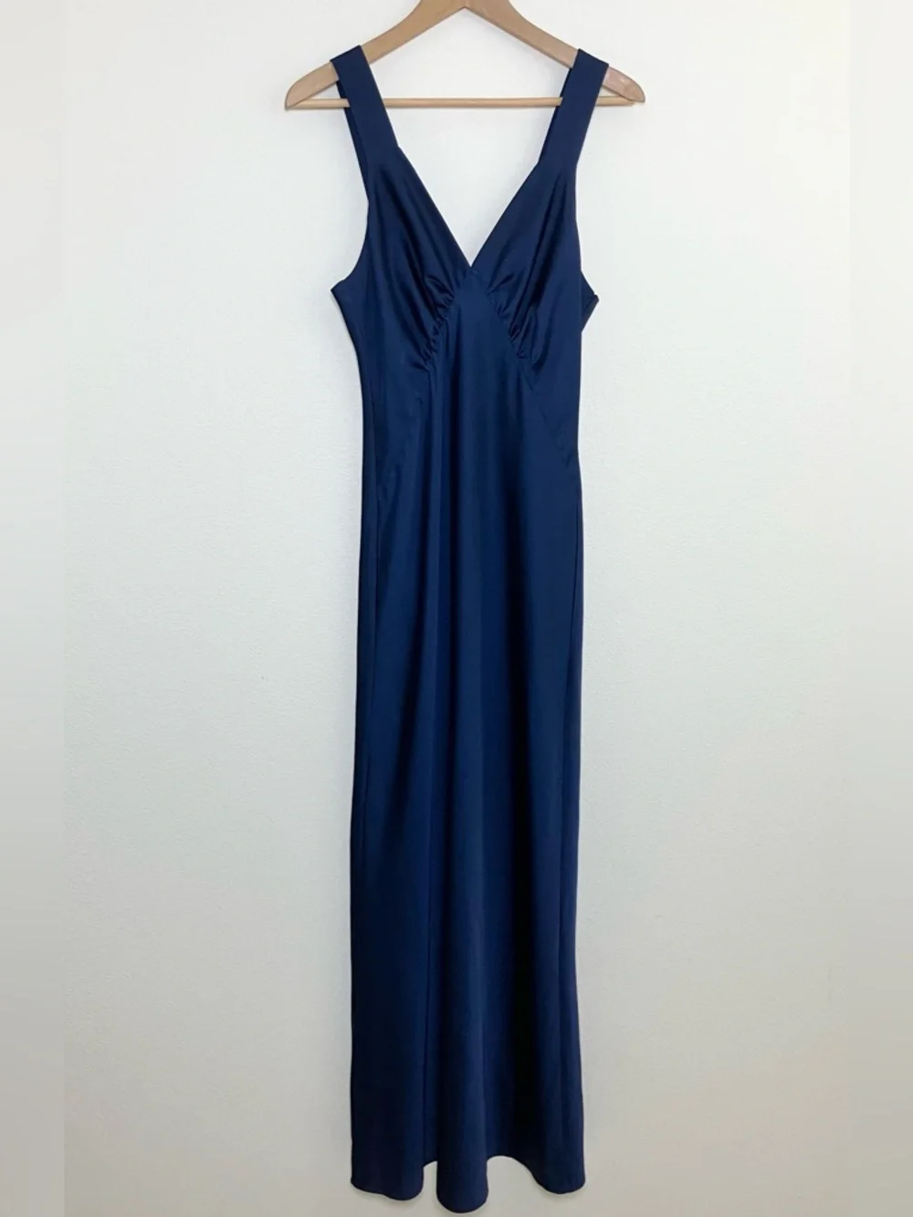 Satin Navy Blue V-Neck Maxi Dress with Wide Straps - Picture 5 of 11
